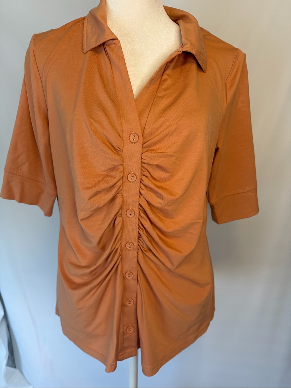 Classic Ruched Button-Front Top in Faded Burnt Orange, Lightweight Fabric